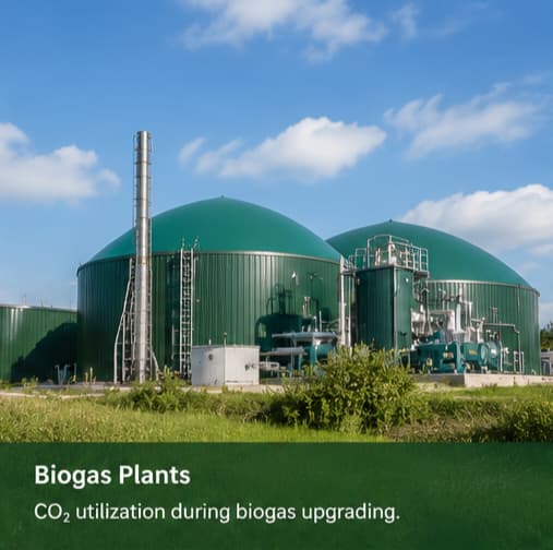 Green agricultural biogas plant domes under blue sky