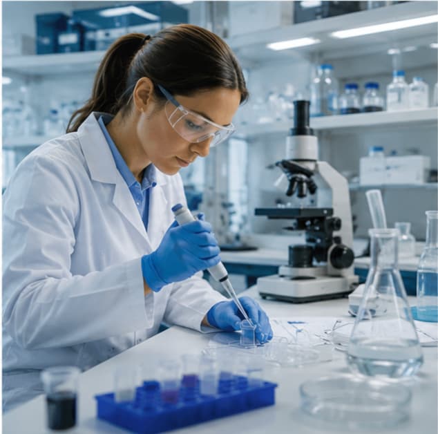 Methanica research scientist working with pipettes in biological laboratory
