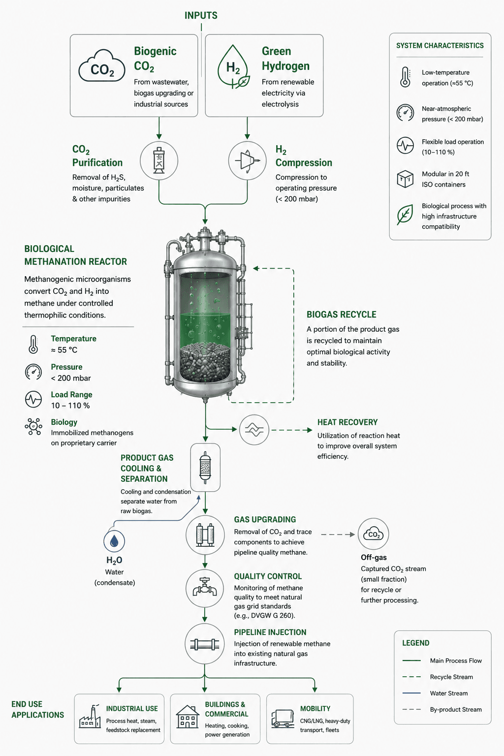 Detailed process flow diagram showing inputs, purification, compression, bioreactor, recycle, upgrading, and grid injection
